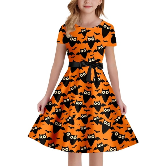 Oiyii Swing‑Hem Summer Dress for Toddler Girl Short‑Sleeve Owl‑Bat‑Print Short Gowns Halloween Festive Dresses