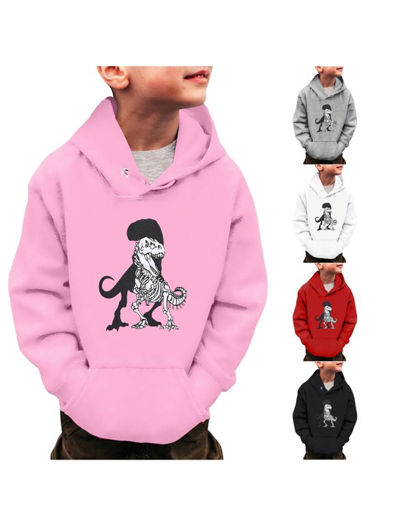 Boy's Dino Graphic Hoodie Long Sleeve T-Rex Skeleton Print Everyday Casual Hooded Sweatshirt,Pink