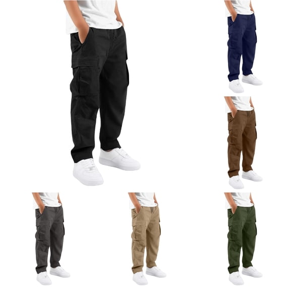 Oiyii Boy's Multi Pocket Cargo Pants Solid Straight Leg Casual Trousers Everyday Wear Bottoms,Black