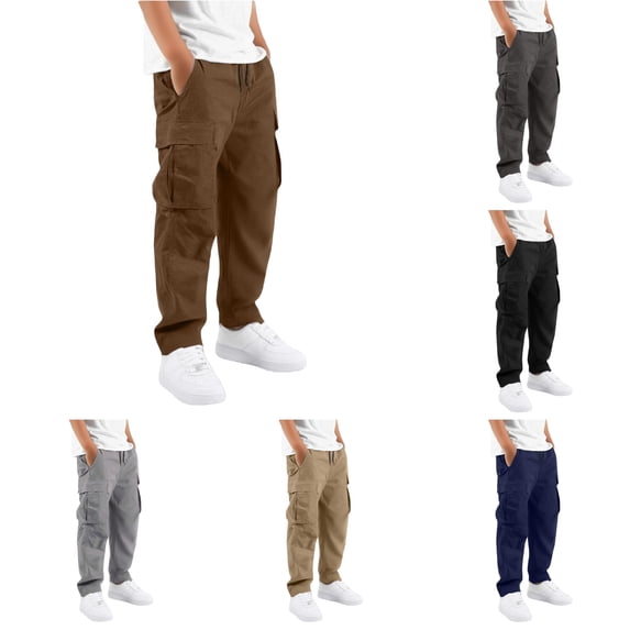 Oiyii Boy's Multi Pocket Cargo Pants Solid Straight Leg Casual Trousers Everyday Wear Bottoms,Brown