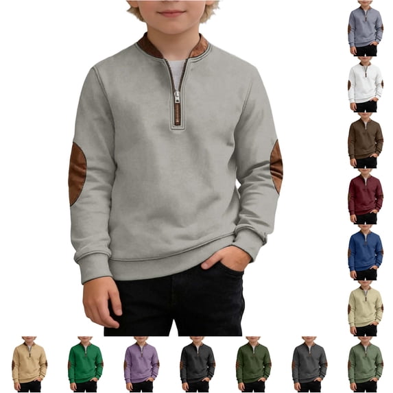 Oiyii Boys' Elbow Patch Half Zip Sweatshirt Solid Long Sleeve Stand Collar Casual Top School Sweatshirts,Grey