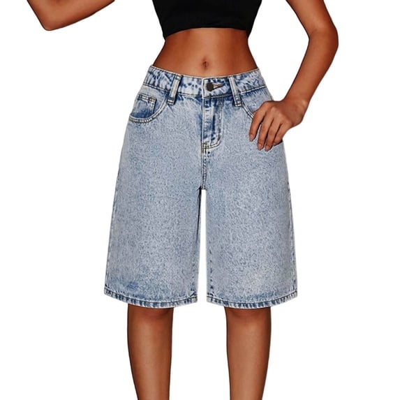 Oiyii Girl's Knee Length Denim Shorts Solid Baggy Fit Casual Jean Shorts Summer Beach Bottoms,Light Blue
