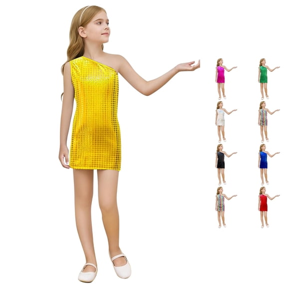 Oiyii Teen Girl's Shimmer Summer Gown One‑Shoulder Solid Short Dresses Halloween Party Gowns