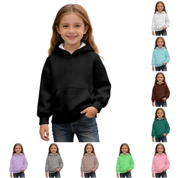 Oiyii Girl's Waffle Knit Solid Hoodie Sweatshirt Long Sleeve Casual Hooded Sweatshirt Outdoor Pullover Top,Black