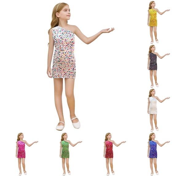 Oiyii Girls Fashion Metallic Leopard Print Sequin Dress Sleeveless Spaghetti Strap Mini Party Gown,White