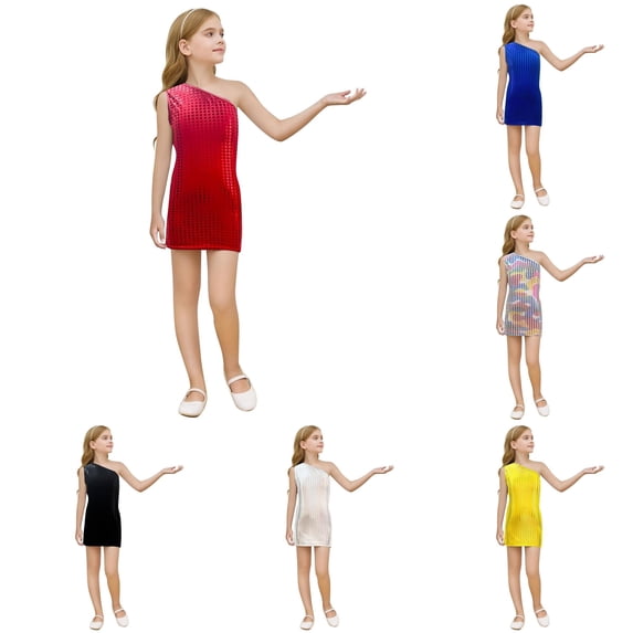 Oiyii Teen Girls Glossy Summer Dresses One‑Shoulder Solid Short Gowns Halloween Celebration Dress