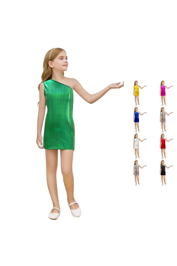 Girls Halloween Sequin Dress One Shoulder Grid Party Skirt Holiday Pageant Frock,Green