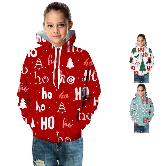 Oiyii Teen Girls' Pullover Hoodie Tree Stocking All Over Print Long Sleeve Casual Hooded Sweatshirt Pullover Top,Red