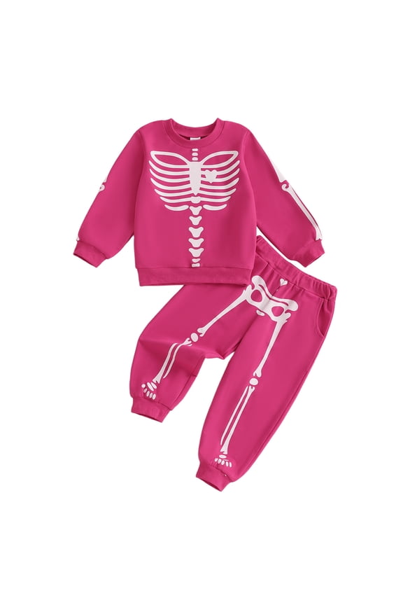 Toddler Boy's Halloween 2 Piece Outfit Set Crew Neck Solid Glow Skeleton Sweat Tops Holiday Matching Pants Clothes Set,Hot Pink