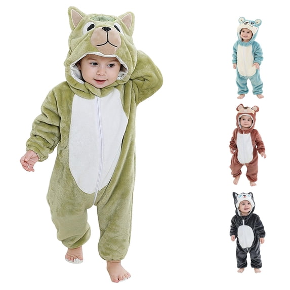 Oiyii Toddler Boy's Halloween Plush Chipmunk Clothes Set Zip Up Hooded Long Sleeve Jumpsuit Holiday Bodysuit Infant Baby Outfit,Light Green