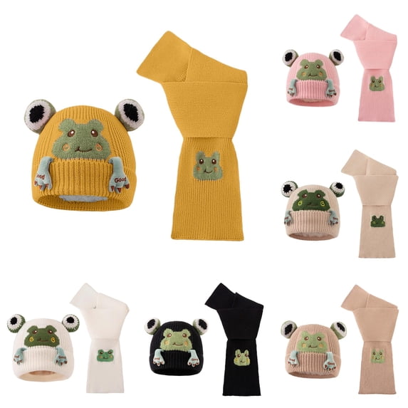 Oiyii Toddler Boy's Knit Beanies Scarf Outfit Cute Animal Graphic Classic Set for Kids, Yellow