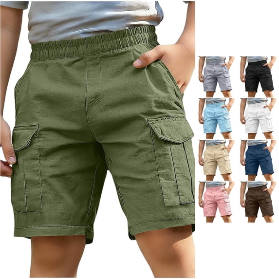 Oiyii Toddler Boy's Multi Pocket Cargo Shorts Solid Elastic Casual Short Pants Summer Outdoor Bottoms,Army Green