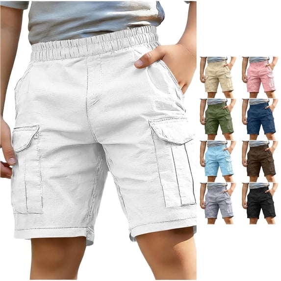 Oiyii Toddler Boy's Multi Pocket Cargo Shorts Solid Elastic Casual Short Pants Summer Outdoor Bottoms,White