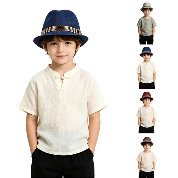 Oiyii Toddler Boys Breathable Fedoras Stripe Band Western Cow Boy Beach Fedora Hats, Navy