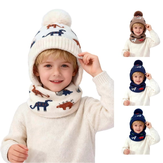 Oiyii Toddler Boys Playful Beanies Dinosaur‑Jacquard Bomber Hats, White