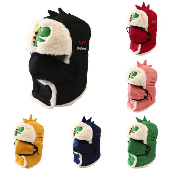 Oiyii Toddler Boys Plush Bomber Hats Dinosaur‑Embroidered Beanies, Black