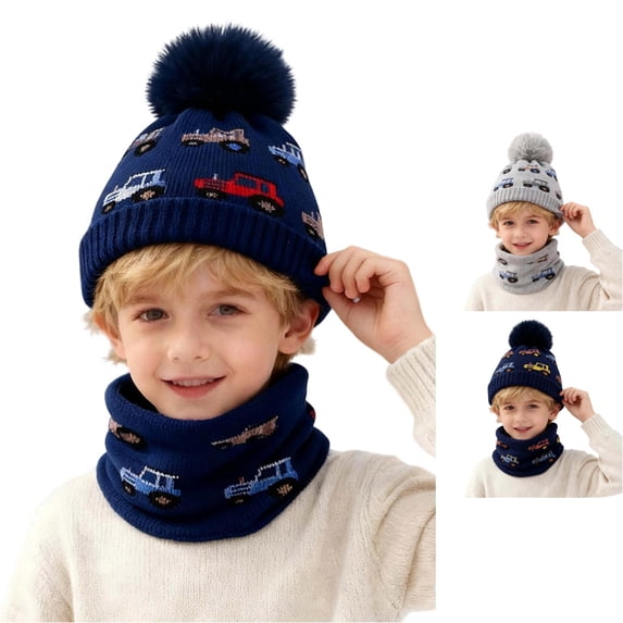 Oiyii Toddler Boys Vivid Beanies Vehicle‑Jacquard Bomber Hats, Navy