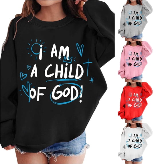 Oiyii Toddler Girl's Child Of God Letter Sweatshirt Crew Neck Oversize Graphic Sweatshirts Daily Pullover Top,Black