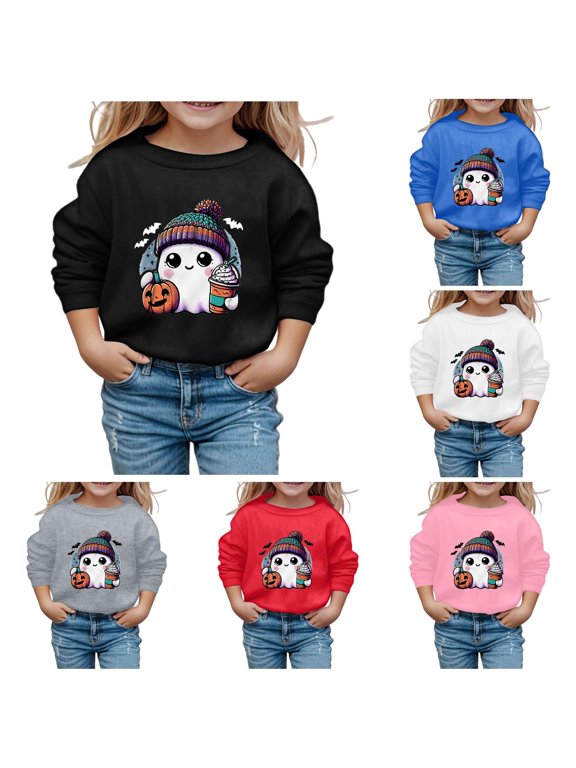 Toddler Girl's Cute Graphic Sweatshirt Crew Neck Long Sleeve Halloween Ghost Print Pullover Sweatshirts Casual Tops,Black