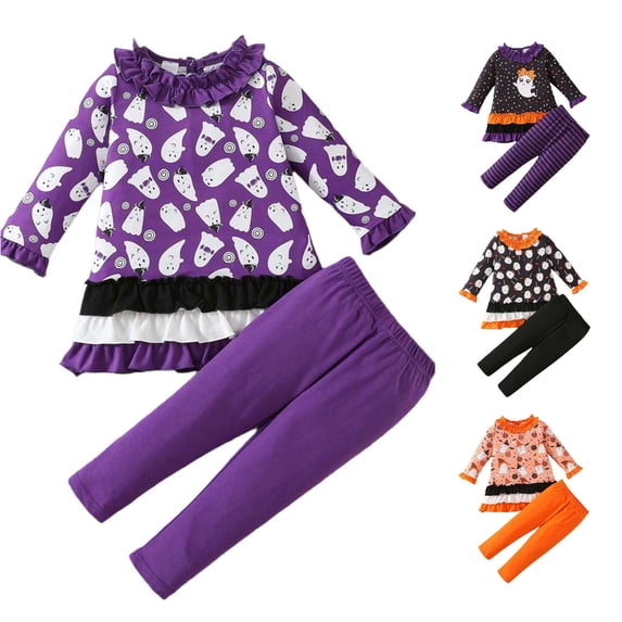 Oiyii Toddler Girl's Cute Halloween Clothes Set Long Sleeve Ghost Print Tops Holiday Tracksuit Leggings Set,Purple