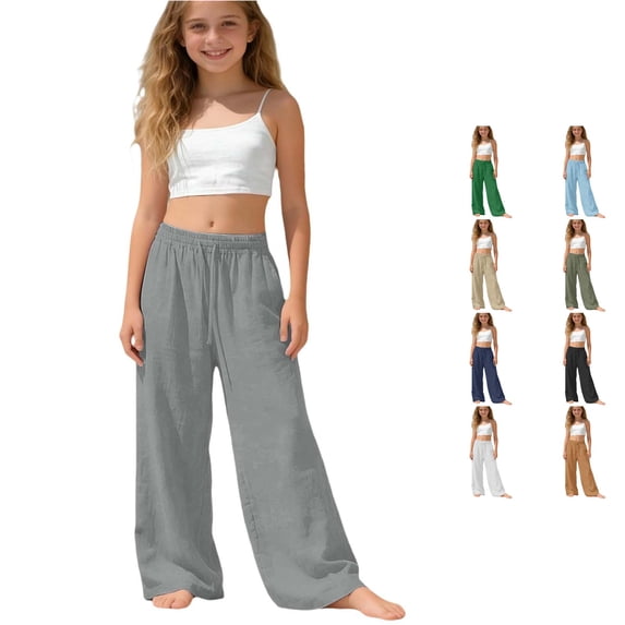 Oiyii Toddler Girl's Drawstring Waist Pants Solid Linen Wide Leg Casual Trousers Beach Wear Bottoms,Grey