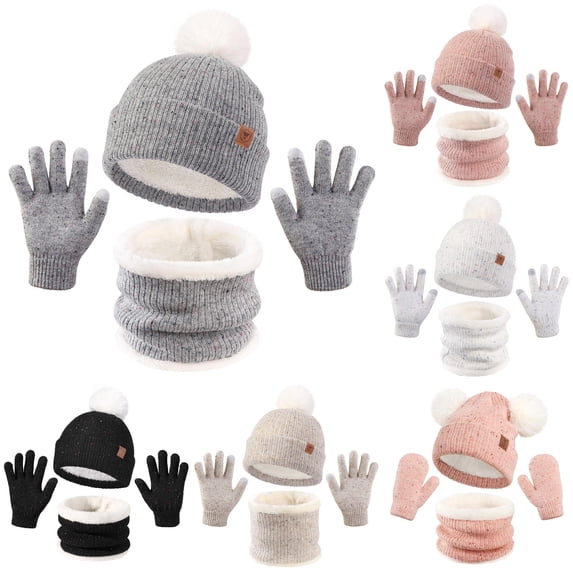 Oiyii Toddler Girl's Fleece‑Lined Pom‑Pom Beanie Solid Fall Winter Gloves, Grey