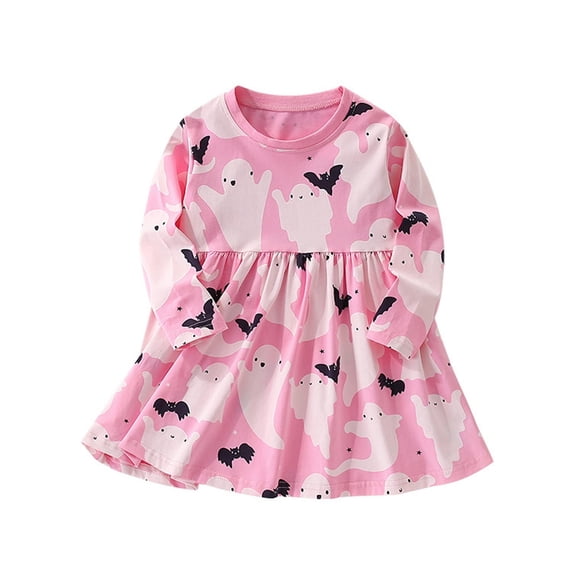 Oiyii Toddler Girl's Ghost Bat Printed Flare Dress Long Sleeve Mini Gowns Summer Halloween Cute Theme Skirts,Pink