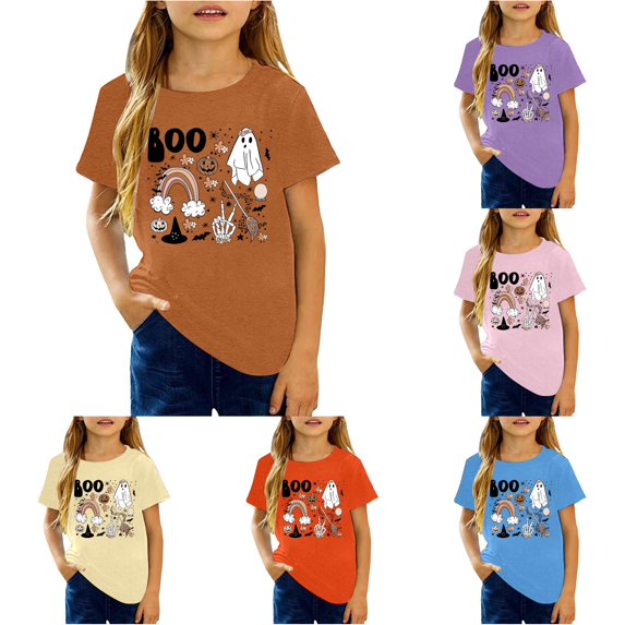 Oiyii Toddler Girl's Halloween Graphic T-Shirt Short Sleeve Crew Neck Tee Boo Ghost Rainbow Print Kids Top,Coffee