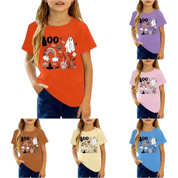 Oiyii Toddler Girl's Halloween Graphic T-Shirt Short Sleeve Crew Neck Tee Boo Ghost Rainbow Print Kids Top,Orange