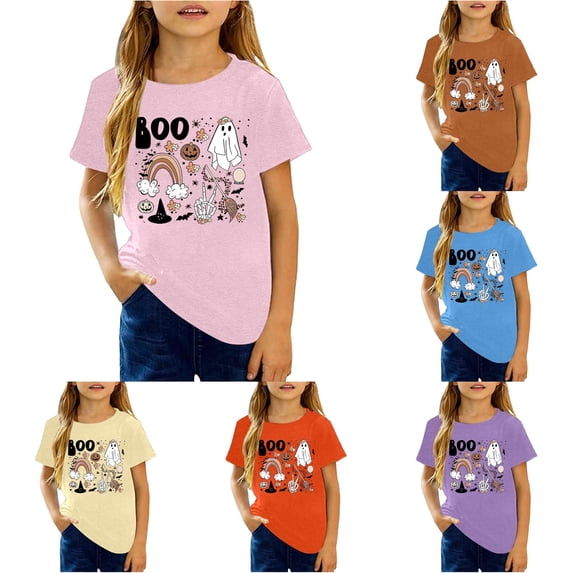 Oiyii Toddler Girl's Halloween Graphic T-Shirt Short Sleeve Crew Neck Tee Boo Ghost Rainbow Print Kids Top,Pink