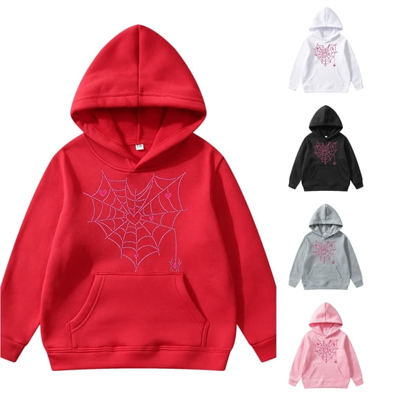 Oiyii Toddler Girl's Heart Spider Web Graphic Hoodie Long Sleeve Printed Casual Hooded Sweatshirt Halloween Pullover Top,Red