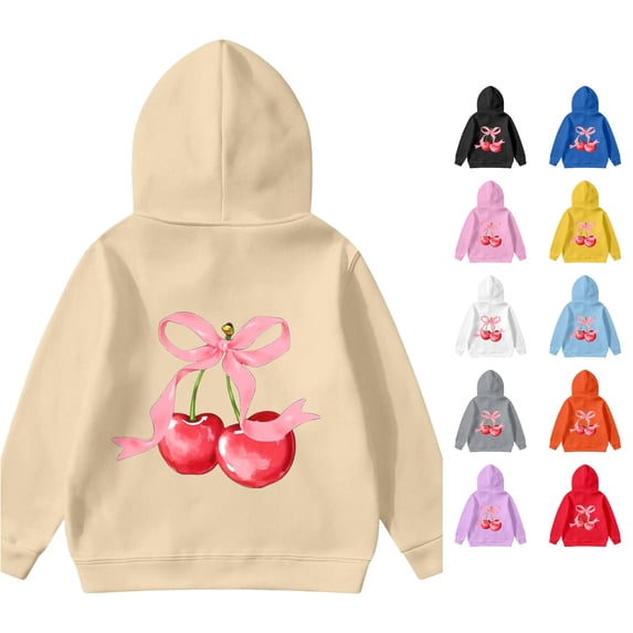 Oiyii Toddler Girl's Lovely Graphic Hooded Sweatshirt Long Sleeve Cherry Print Hoodie Sweatshirts Casual Pullover Top,Beige