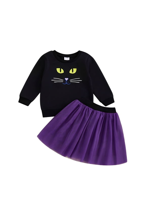 Toddler Girl's Lovely Halloween Sweatsuit Long Sleeve Cat Print Pullover Sweatshirt Skirt Set Holiday Tracksuit ,Black