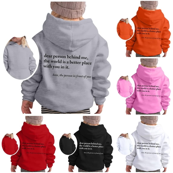 Oiyii Toddler Girl's Minimal Graphic Hoodie Long Sleeve Back Script Text Print Outdoor Casual Hooded Sweatshirt,Grey
