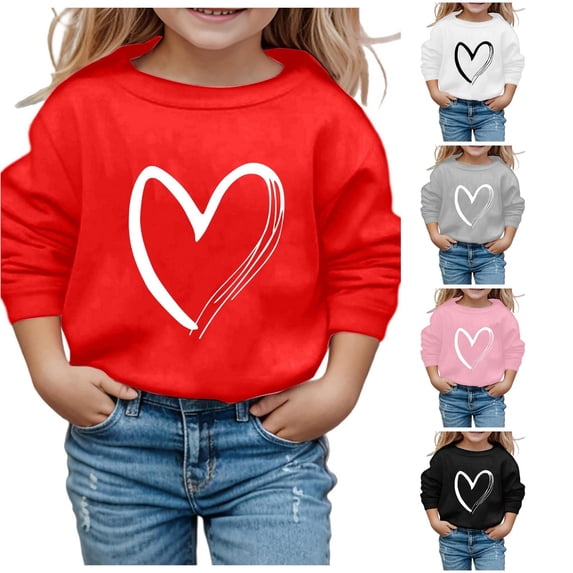 Oiyii Toddler Girl's Minimal Graphic Sweatshirt Long Sleeve Hand Drawn Heart Outline Print Everyday Casual Pullover Top,Red