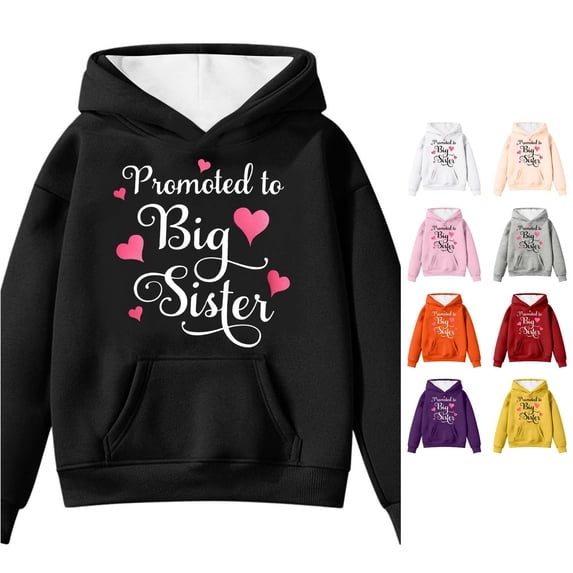 Oiyii Toddler Girl's Promoted To Big Sister Heart Script Graphic Hoodie Long Sleeve Family Hooded Sweatshirt Pullover Top,Black