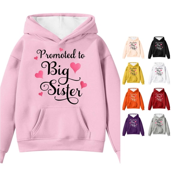 Oiyii Toddler Girl's Promoted To Big Sister Heart Script Graphic Hoodie Long Sleeve Family Hooded Sweatshirt Pullover Top,Pink