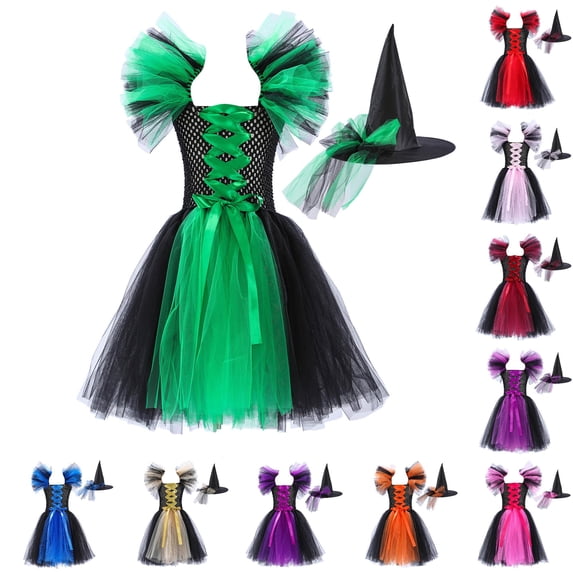 Oiyii Toddler Girl's Ruffle Sleeve Lace-Up Tutu Gown Solid Square Neck Dresses Summer Halloween Witch Party Skirts,I