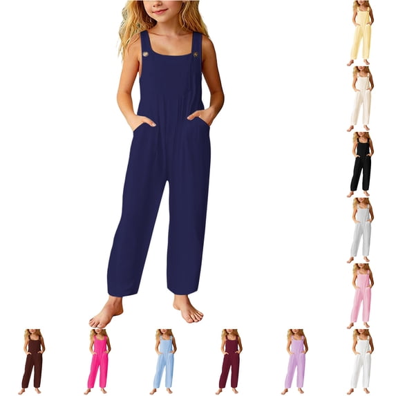 Oiyii Toddler Girl's Sleeveless Jumpsuit Solid Button Front Casual Overalls Everyday Wear Rompers,Navy