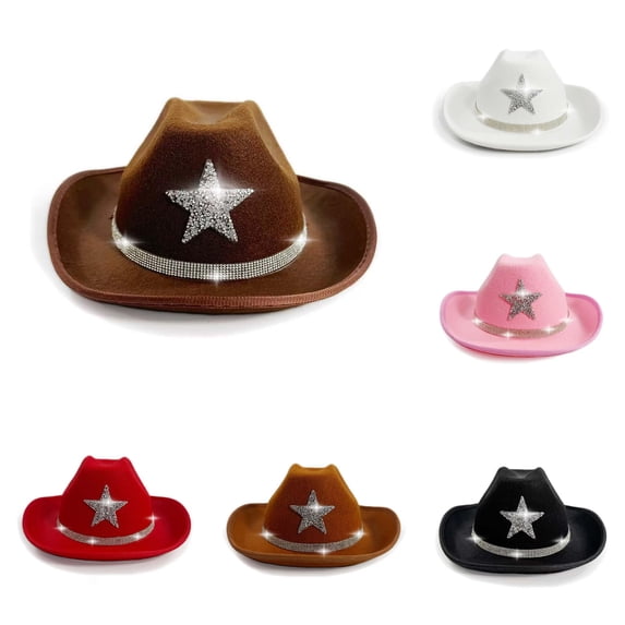Oiyii Toddler Girl's Sparkling Cow Boy Hats Rhinestone‑Star Fedoras, Coffee