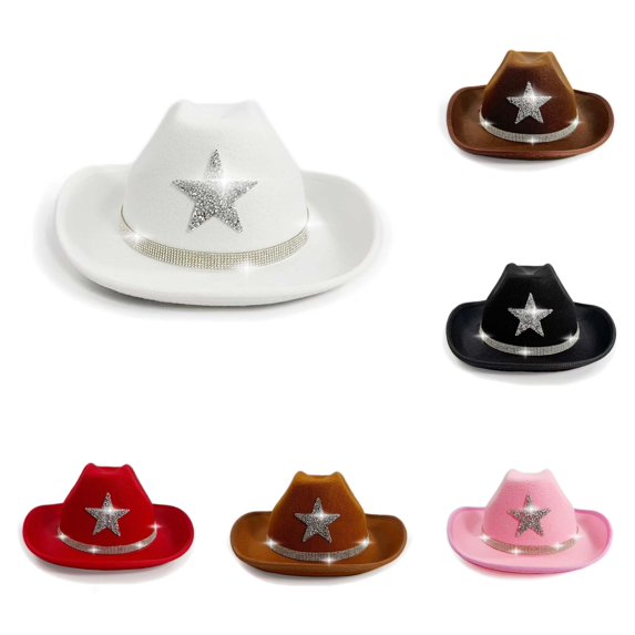 Oiyii Toddler Girl's Sparkling Cow Boy Hats Rhinestone‑Star Fedoras, White