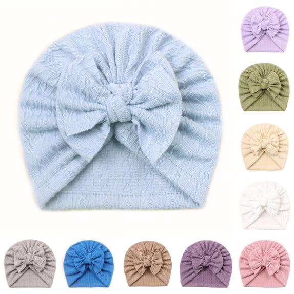 Oiyii Toddler Girls Cable‑Knit Large‑Bow Bow Turban Hat Solid Daily‑Use Kids Headwear Casual Daily Party Cap, Light Blue