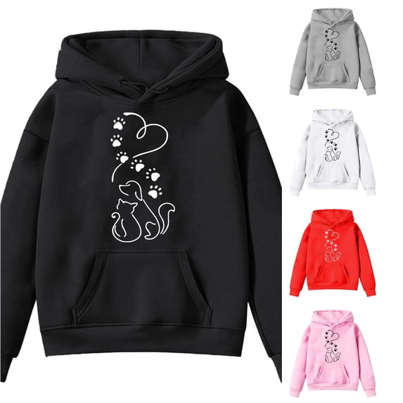 Oiyii Toddler Girls Cat Dog Paw Line Graphic Hoodie Long Sleeve Printed Casual Hooded Sweatshirt Daily Play Pullover Top,Black