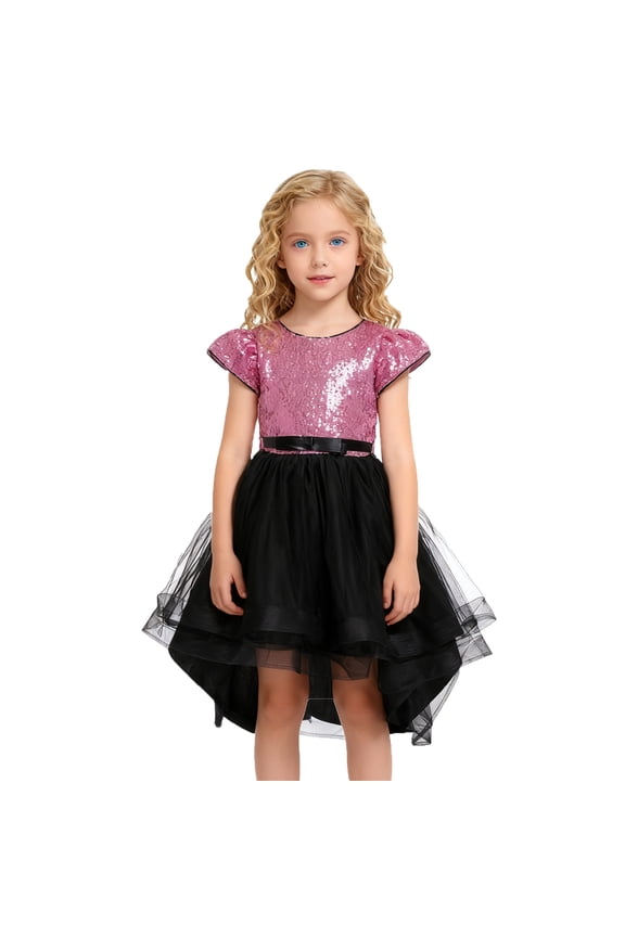 Toddler Girls Gown Dresses Sequins Sparkly Puff Short Sleeve Back-Bow Tailed Dress