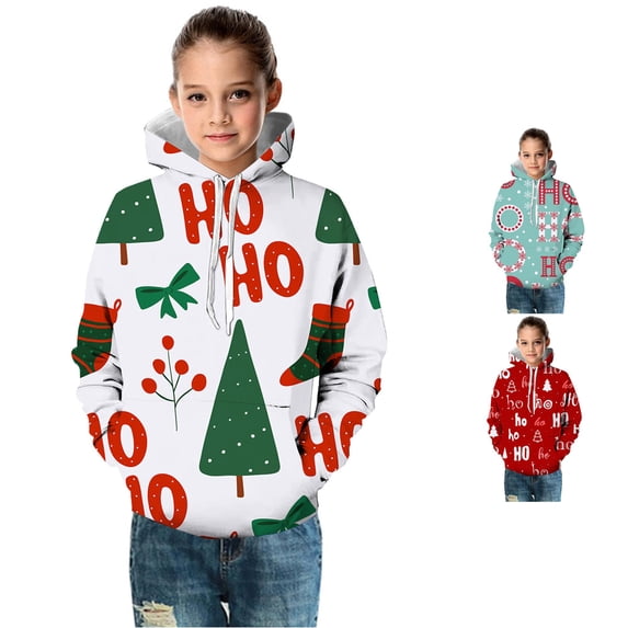 Oiyii Toddler Girls' Pullover Hoodie Tree Stocking All Over Print Long Sleeve Casual Hooded Sweatshirt Pullover Top,Green