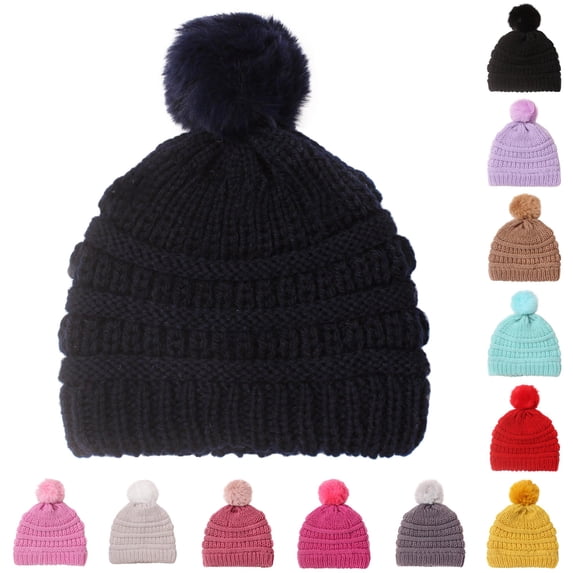 Oiyii Toddler Girls Single‑Pom Knit Beanie Solid Winter‑Warmth Kids Headwear Daily‑Use Party Cap, Navy