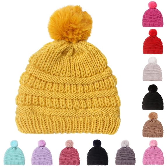 Oiyii Toddler Girls Single‑Pom Knit Beanie Solid Winter‑Warmth Kids Headwear Daily‑Use Party Cap, Yellow