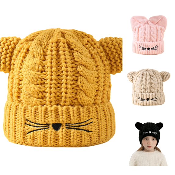Oiyii Toddler Girls Solid Color Beanies Knit Elf‑Shaped Sun Hats Cozy Winter Cap, Yellow