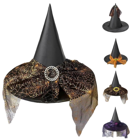 Oiyii Toddler Girls Spider‑Ornament Witch Hat Role Playing Solid Halloween Cap Party Headwear, Gold