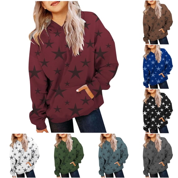 Oiyii Toddler Girls Star Allover Print Hoodie Long Sleeve Printed Casual Hooded Sweatshirt Oversize Pullover Top,Brick Red
